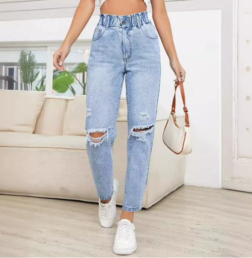 35 #Spot-35763 #Amazon Cross-border Women's Clothing European and American INS Trend Skinny Ripped Straight Denim Trousers