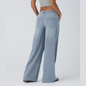 Asymmetric Low Rise Button Zipper Multiple Pockets Wide Leg Jeans