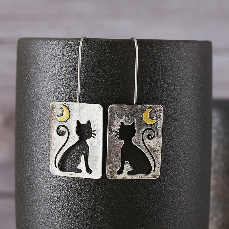 Cute Hollowed Out Cat Crescent Alloy Pendant Square Plaque Earrings