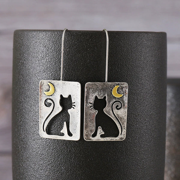 Cute Hollowed Out Cat Crescent Alloy Pendant Square Plaque Earrings