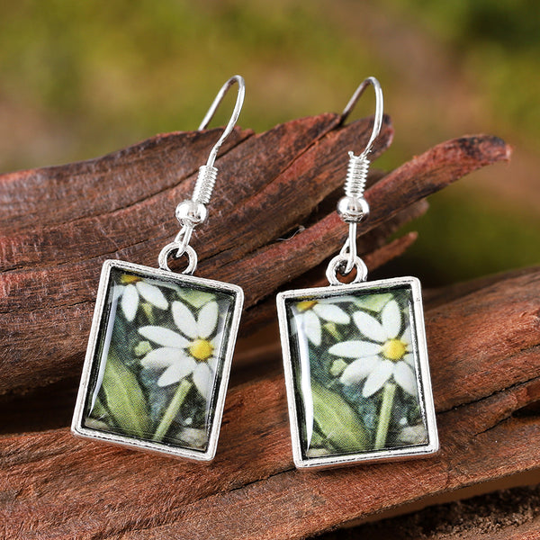 Clear Drip Daisy Square Dangle Earrings Necklace