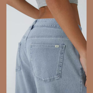 Asymmetric Low Rise Button Zipper Multiple Pockets Wide Leg Jeans