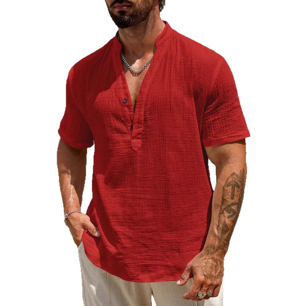 Men's Cotton-linen Solid Color Cuban Collar Shirt