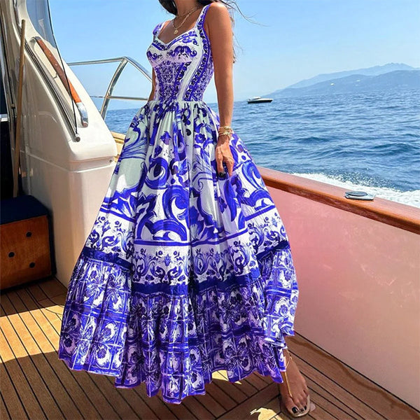 Bohemian Style Elegant Light Luxury Mid-Length Printed Halter Dress