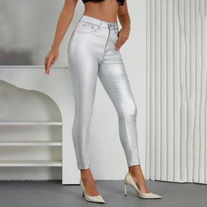 Elastic cross-border Amazon European and American women's imitation denim PU elastic tight multi-colored trousers, super hot