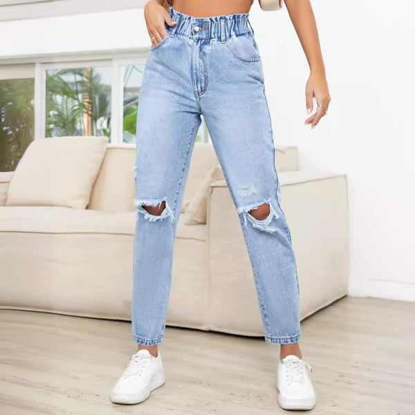35 #Spot-35763 #Amazon Cross-border Women's Clothing European and American INS Trend Skinny Ripped Straight Denim Trousers