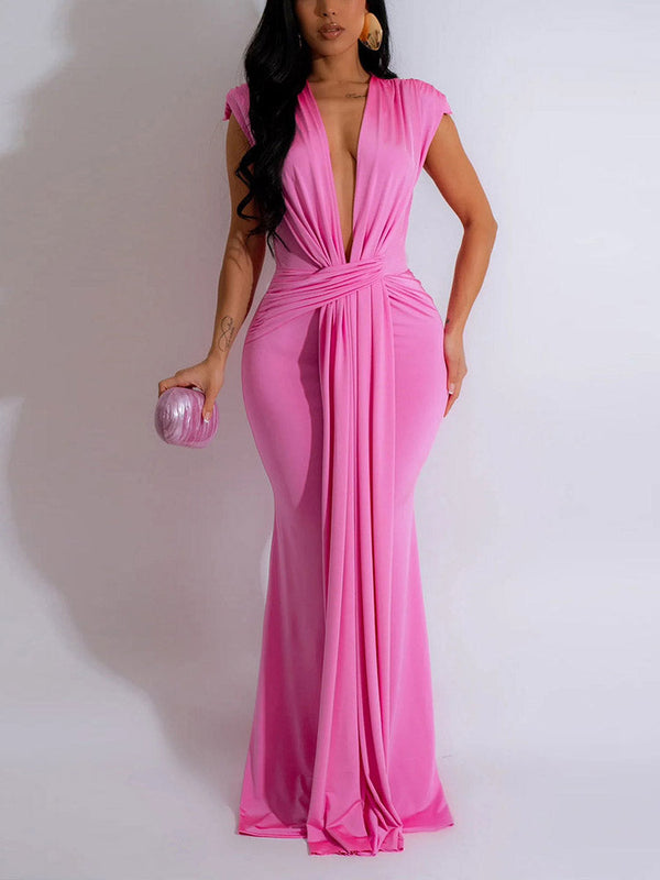 Elegant Plunge Draped Maxi Dress