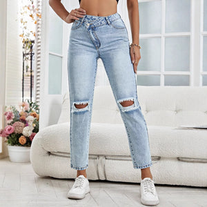 17-Spot-35832 #Amazon Cross-border Women's Clothing Europe and America INS Fashion Versatile Straight Ripped Denim Trousers
