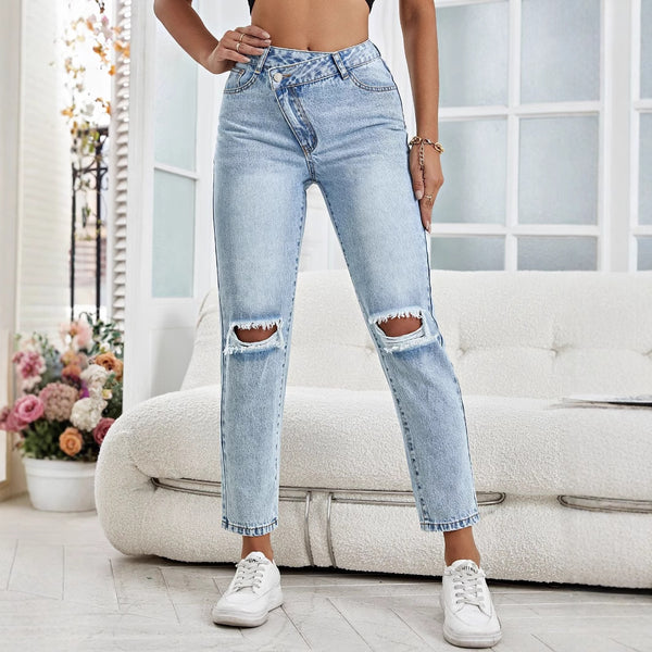 17-Spot-35832 #Amazon Cross-border Women's Clothing Europe and America INS Fashion Versatile Straight Ripped Denim Trousers