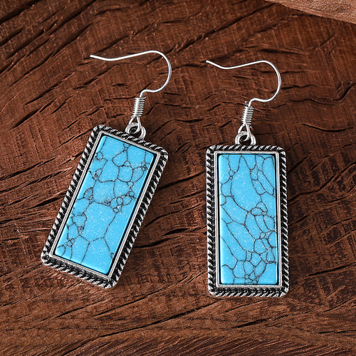 Geometric pendant earrings necklace with rectangular turquoise stones