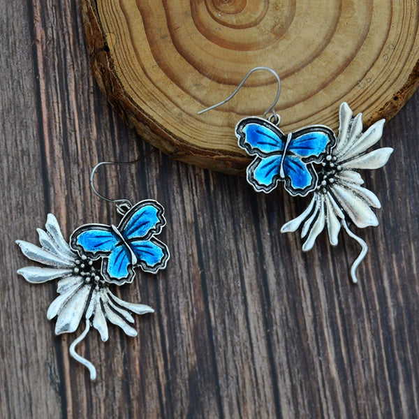 Blue Antique Silver Dangling Butterfly Earrings