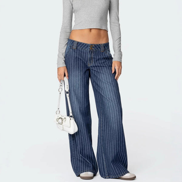 Women's Striped Elegant Commuter Stretch High Waist Straight Leg Jeans