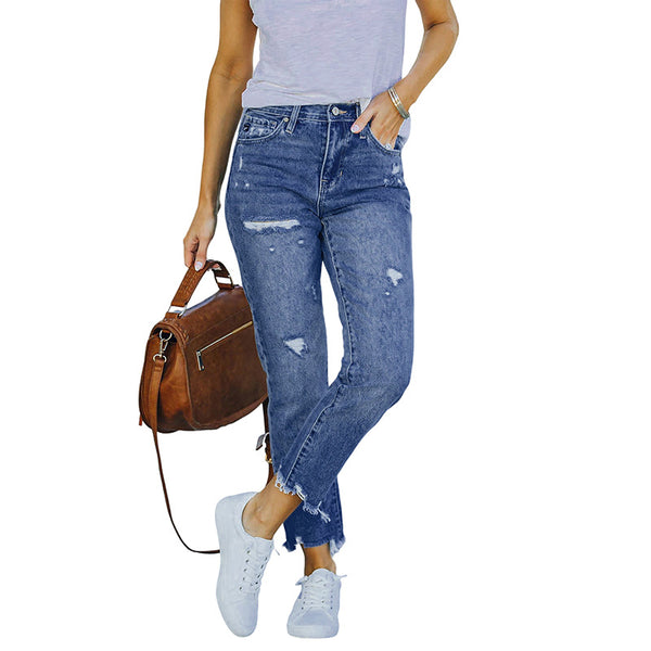 2022 new washed and worn fringed jeans women's Amazon Europe and America slim-fitting high-elastic small-footed denim trousers
