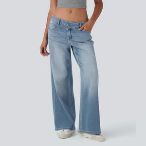 Asymmetric Low Rise Button Zipper Multiple Pockets Wide Leg Jeans