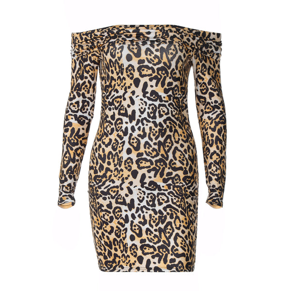 Long Sleeve One Neck Leopard Printed Sexy Hip Dresses