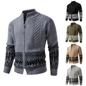 Men's Zipper Cardigan Jacket with Thickened Stand Collar Casual Knit Sweater