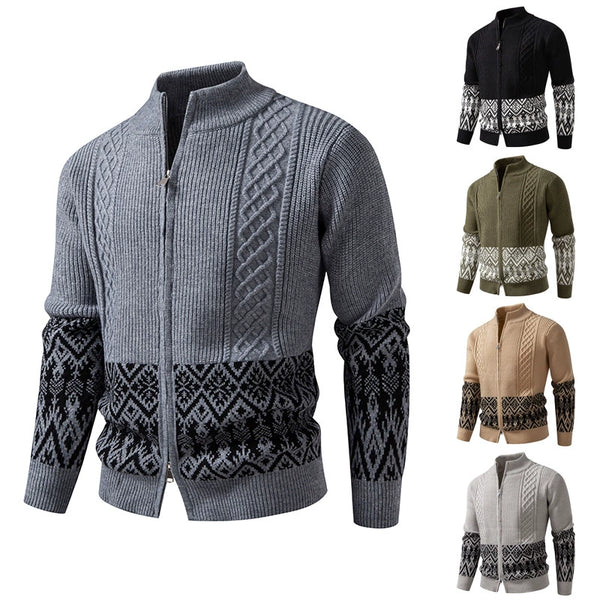 Men's Zipper Cardigan Jacket with Thickened Stand Collar Casual Knit Sweater