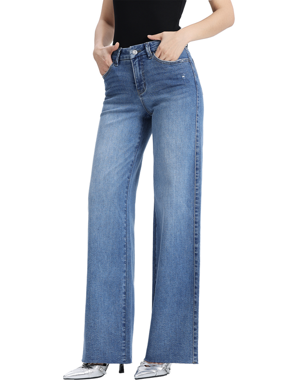 ONESO Stretchy Wide Leg Jeans Mid-Low Waist Distressed Raw Hem Denim Pants BBL Baggy Vintage Casual Pants