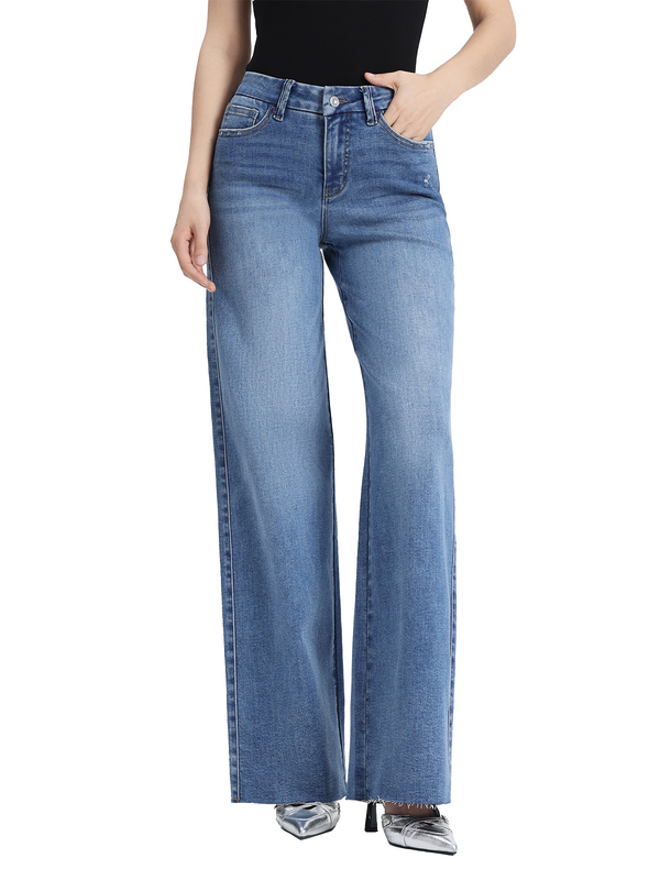 ONESO Stretchy Wide Leg Jeans Mid-Low Waist Distressed Raw Hem Denim Pants BBL Baggy Vintage Casual Pants