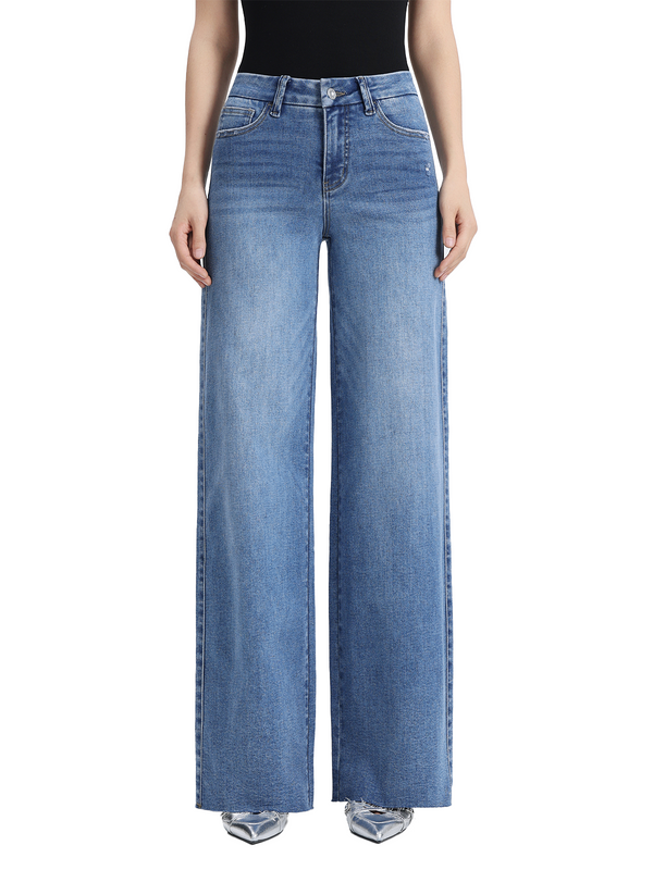 ONESO Stretchy Wide Leg Jeans Mid-Low Waist Distressed Raw Hem Denim Pants BBL Baggy Vintage Casual Pants