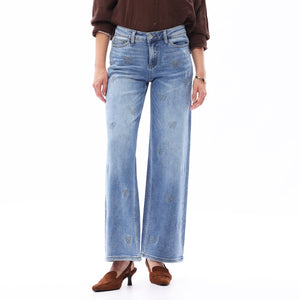 ONESO Women BBL Jeans Mid-Low Rise Wide Leg Stretch Relaxed Fit Embroidered Jeans Flat Tummy Design Simple Basic Trousers