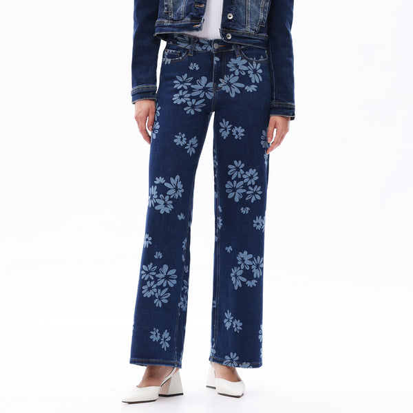 ONESO Women BBL Jeans Mid-Low Rise Wide Leg Stretch Baggy Printing Denim with Tummy Control Minimalist Basic Trouser