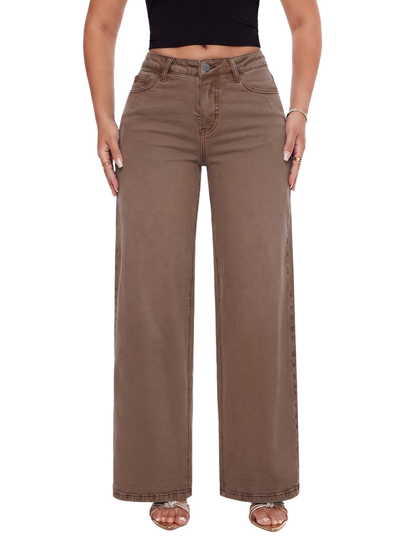 ONESO Effortless Brown Mid Rise Wide Leg Jeans