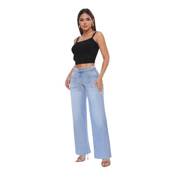 ONESO Women Mid Low Rise Wide Leg Baggy Jeans Front Pocket Stretch Butt-Lifting Loose Fit Denim Pants