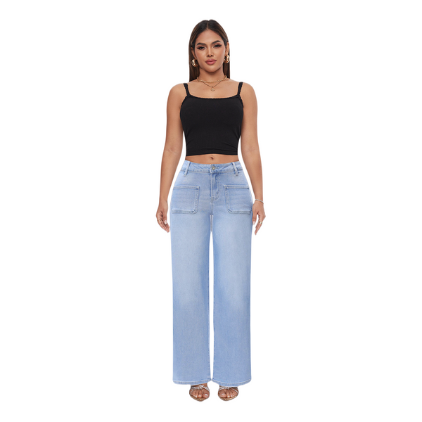 ONESO Women Mid Low Rise Wide Leg Baggy Jeans Front Pocket Stretch Butt-Lifting Loose Fit Denim Pants