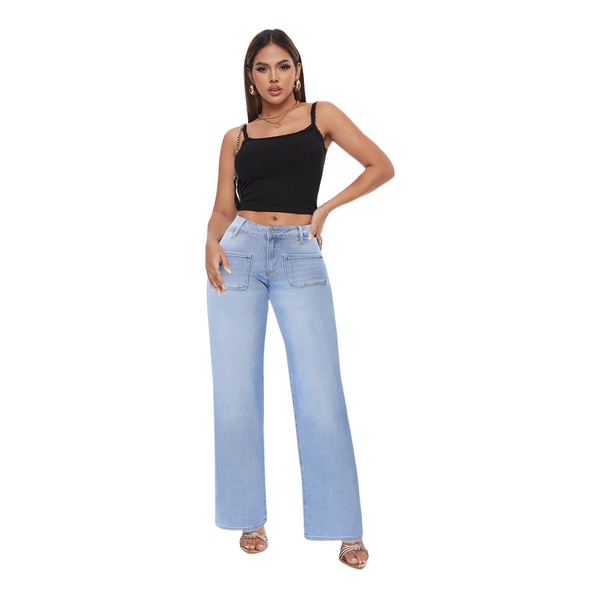 ONESO Women Mid Low Rise Wide Leg Baggy Jeans Front Pocket Stretch Butt-Lifting Loose Fit Denim Pants