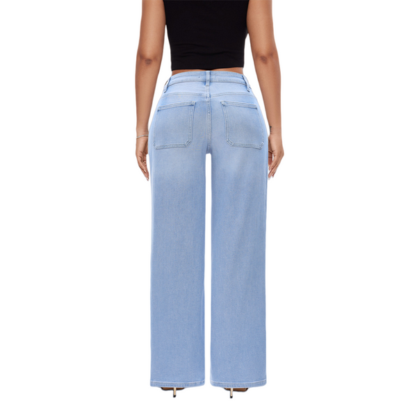 ONESO Women Mid Low Rise Wide Leg Baggy Jeans Front Pocket Stretch Butt-Lifting Loose Fit Denim Pants