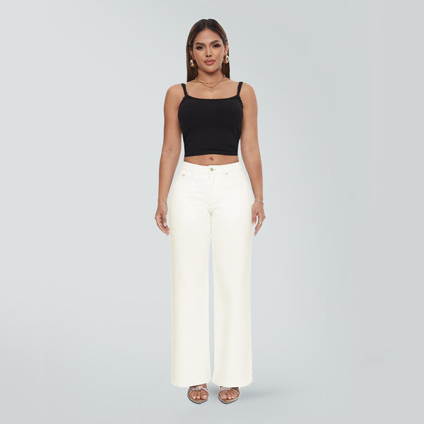 ONESO Wide Leg BBL Jeans for Women Stretchy Mid Low Rise Butts Lifting Baggy Jeans Trendy Loose Fit Cute Mom Jeans Casual White
