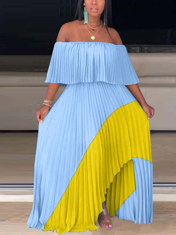 Off Shoulder Ombre Pleated Maxi Dress