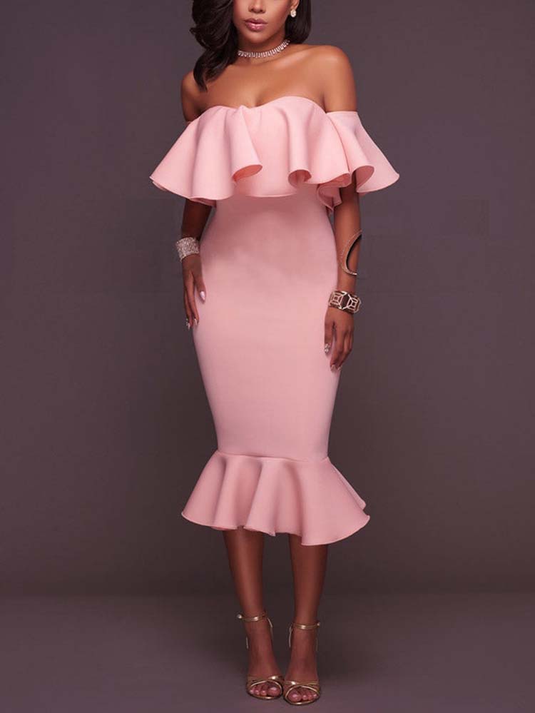 Off  Shoulder Ruffle Bodycon Midi Dress