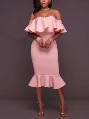 Off  Shoulder Ruffle Bodycon Midi Dress