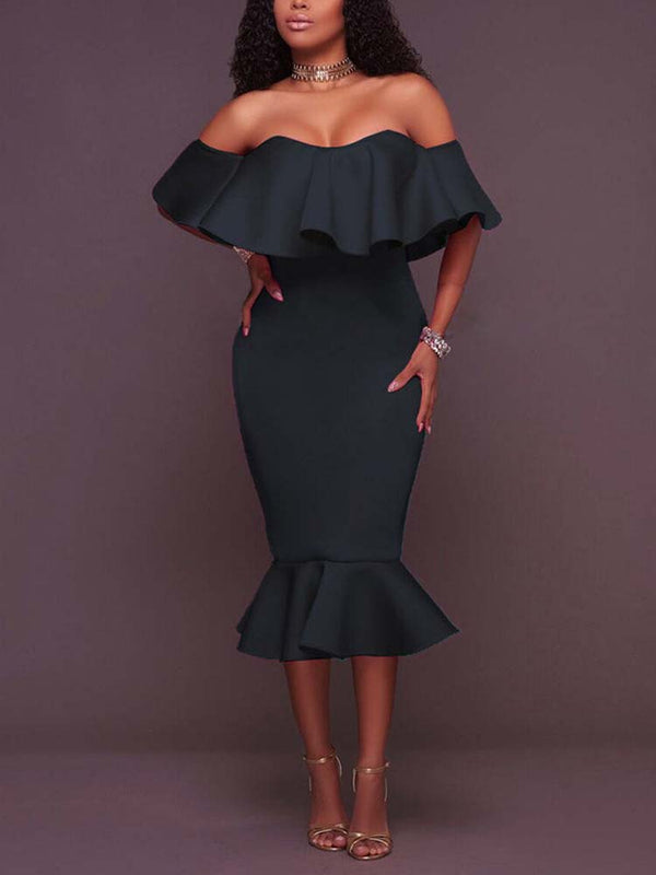 Off  Shoulder Ruffle Bodycon Midi Dress