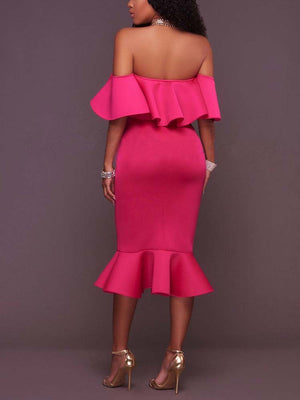 Off  Shoulder Ruffle Bodycon Midi Dress