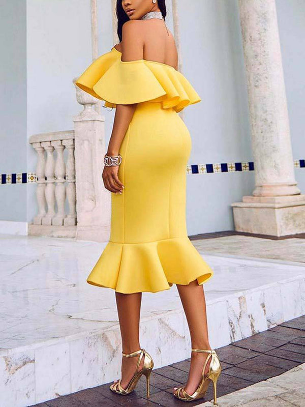 Off  Shoulder Ruffle Bodycon Midi Dress