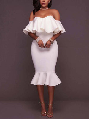 Off  Shoulder Ruffle Bodycon Midi Dress