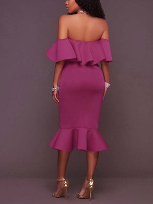 Off  Shoulder Ruffle Bodycon Midi Dress