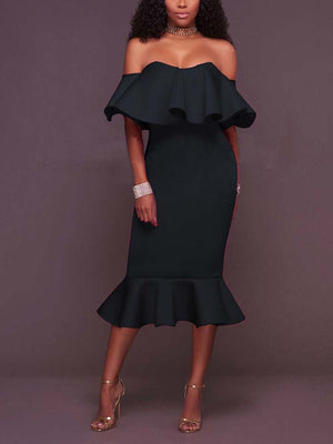 Off  Shoulder Ruffle Bodycon Midi Dress