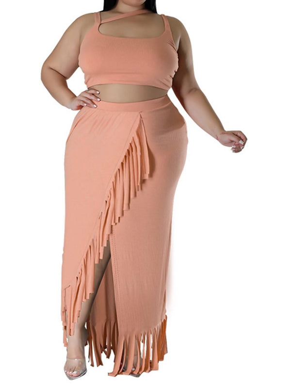 Plus Size Two Piece Sling Tops & Fringe Skirt