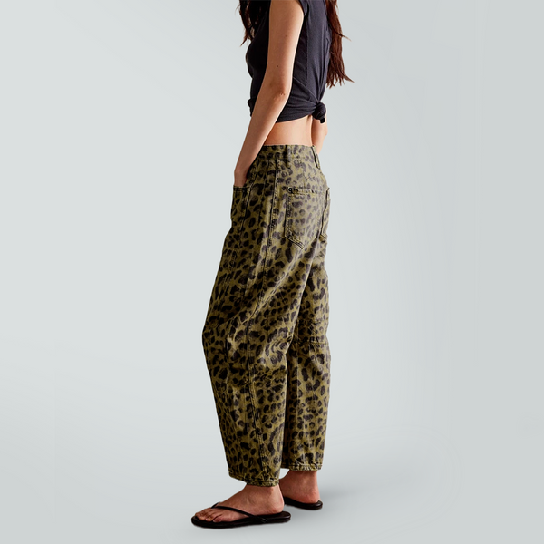 Women's Leopard Print Mid-Rise Straight-Leg Stretch Wide-Leg Jeans