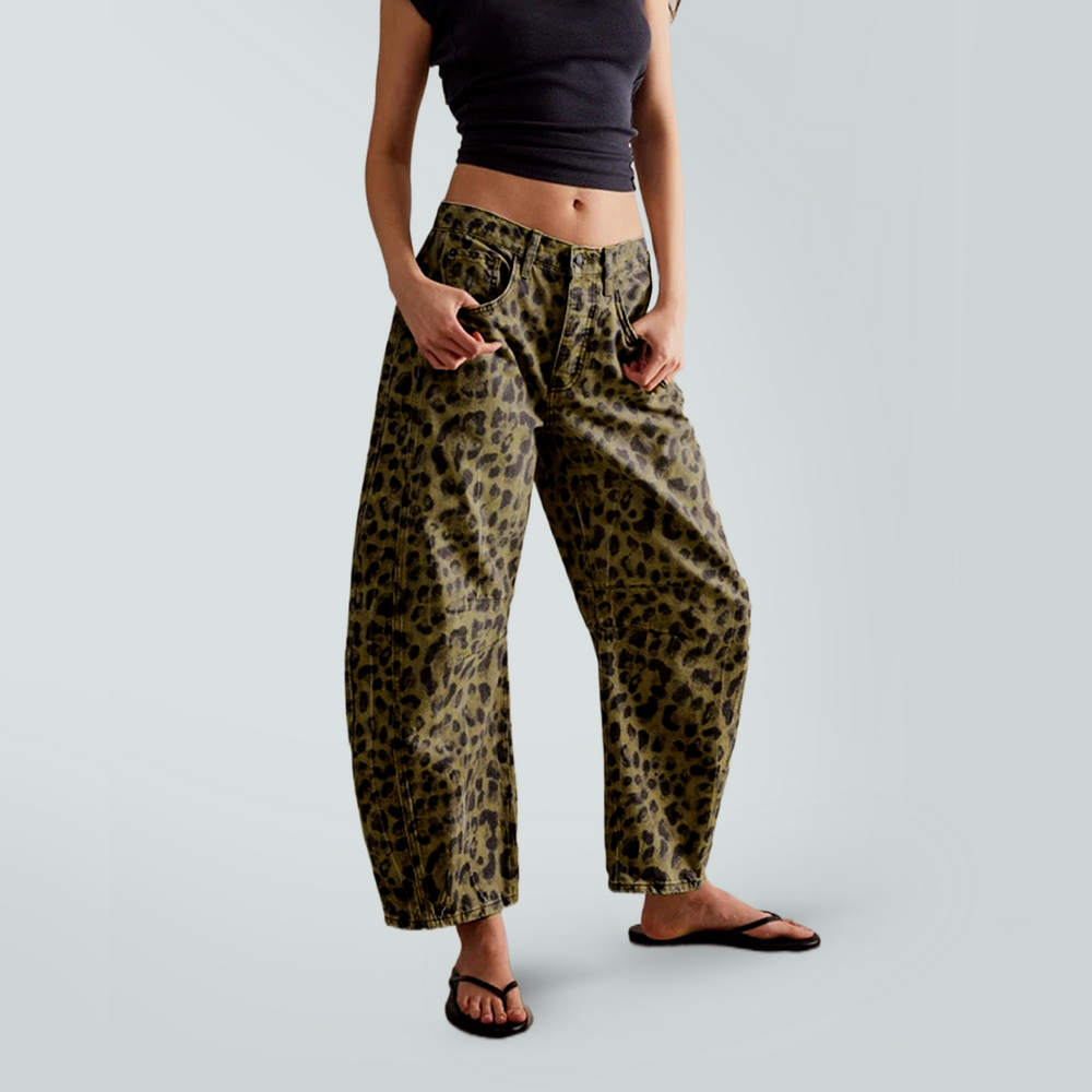 Women's Leopard Print Mid-Rise Straight-Leg Stretch Wide-Leg Jeans