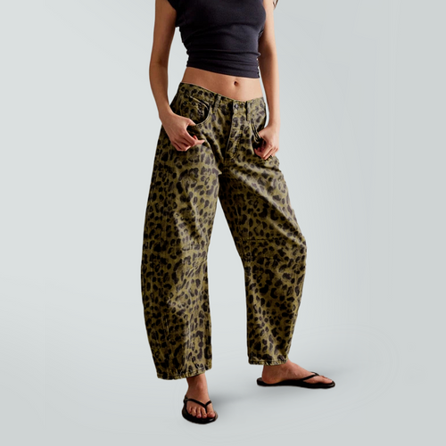 Women's Leopard Print Mid-Rise Straight-Leg Stretch Wide-Leg Jeans