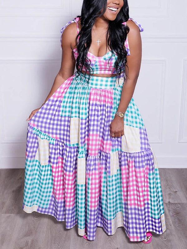 Plaid Color Block Crop Top Maxi Skirt Set