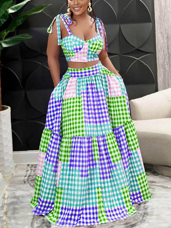 Plaid Color Block Crop Top Maxi Skirt Set