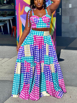 Plaid Color Block Crop Top Maxi Skirt Set