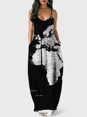 Casual Map Print Spaghetti Strap Maxi Dress