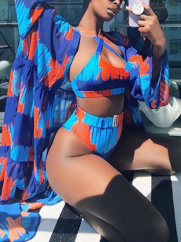 Printed Bikini Cover Up Swimsuit Set